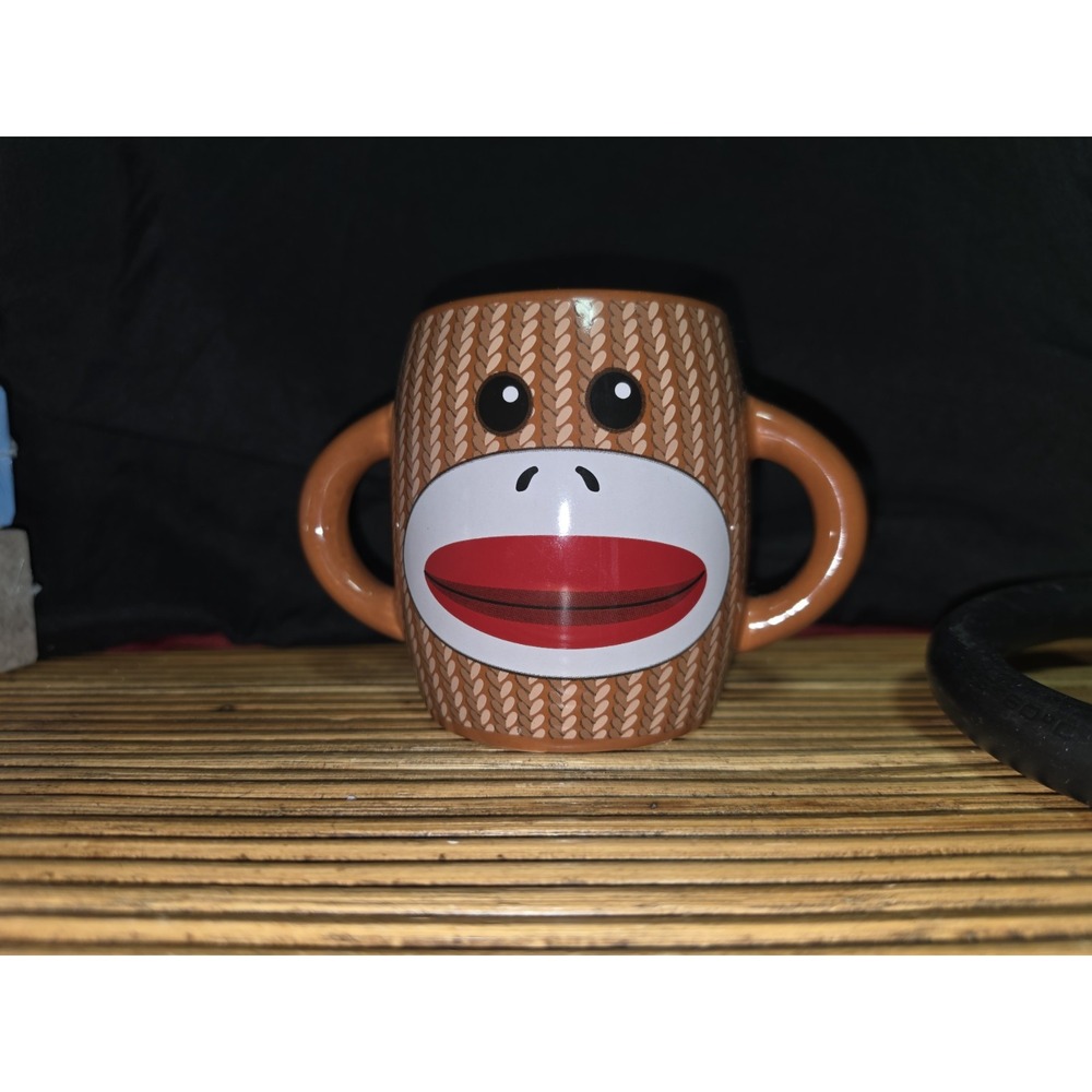 Galerie Sock Monkey Puppet Coffee Mug Brown Double Handle Ceramic Novelty Cup